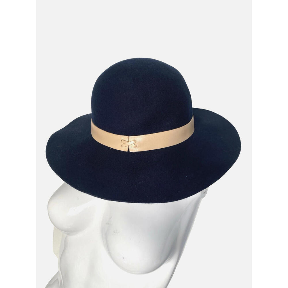 NWT Hat Attack Womens 100% Wool Felt Brimmed Fedora Leather Trim Navy Blue Hat - Picture 4 of 9